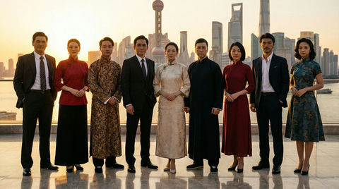 穿着成名的衣服拍合照在上海江滩 的效果示例图