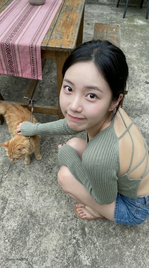 年轻的亚洲女生蹲坐在水泥地的庭院中 的效果示例图