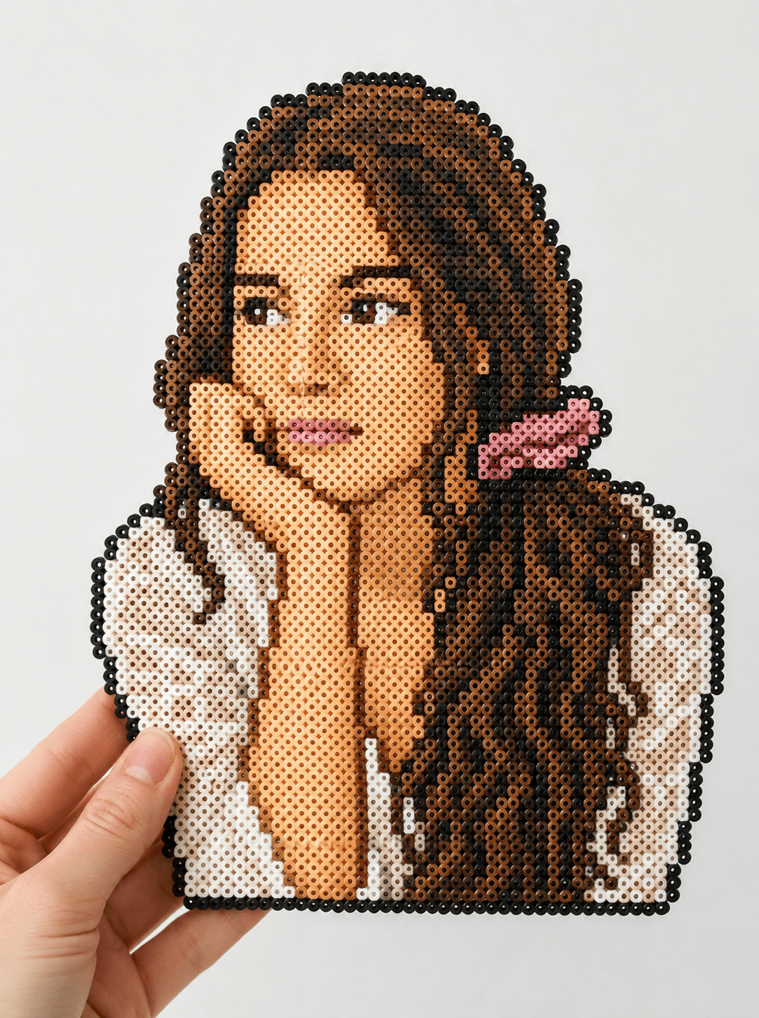 将原始图像转换为手工制作的 Perler Bead（熔丝珠）艺术品版本的场景 的效果示例图