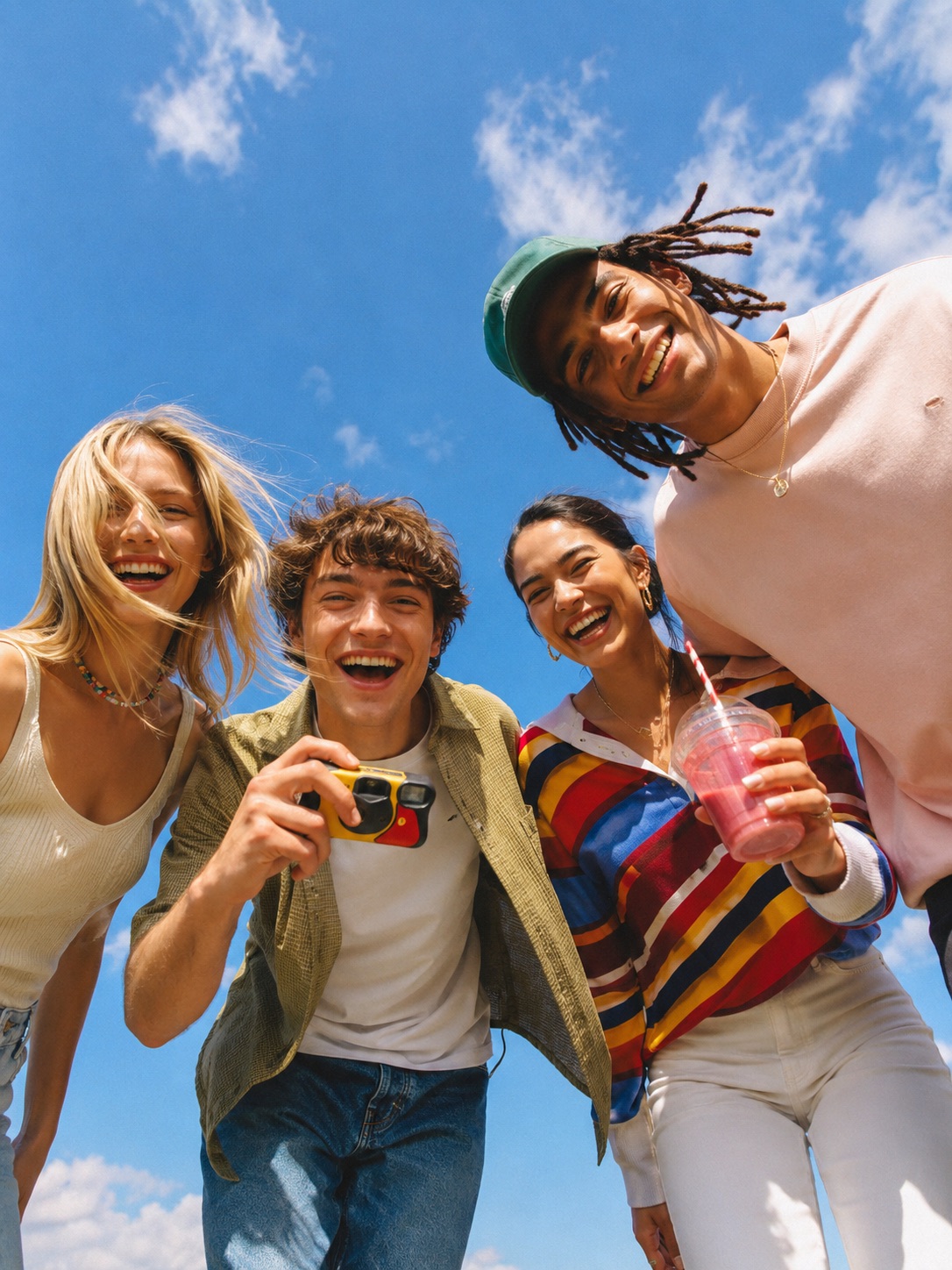 生成图片，比例3:4：A cheerful group of young friends leaning toward the camera 的效果示例图