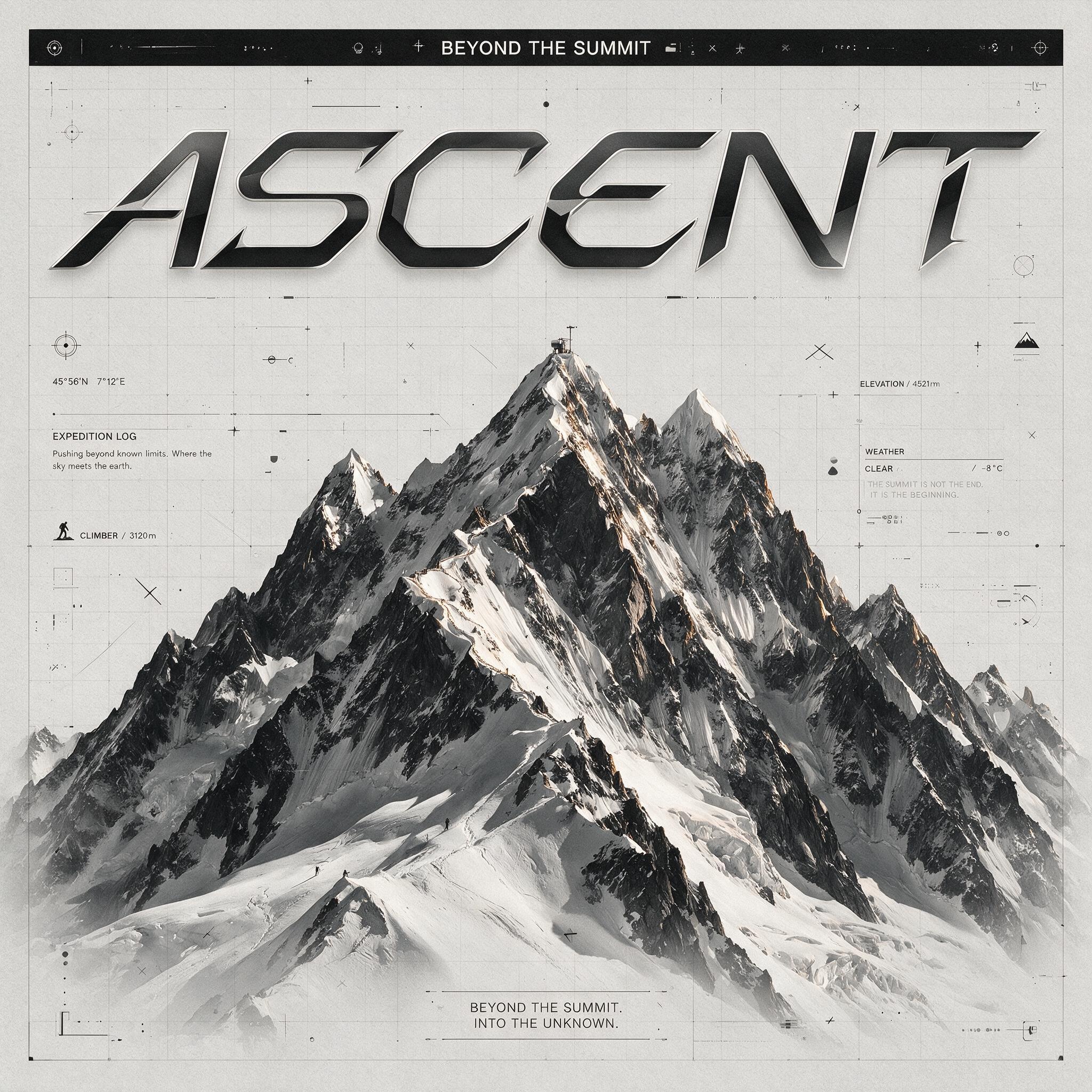 标题为“ASCENT”的未来主义社论海报,以巨大的单片为特色 的效果示例图