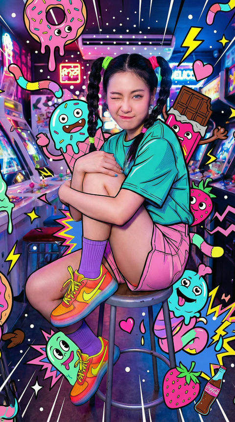 年轻女子侧坐在街机凳上 的效果示例图