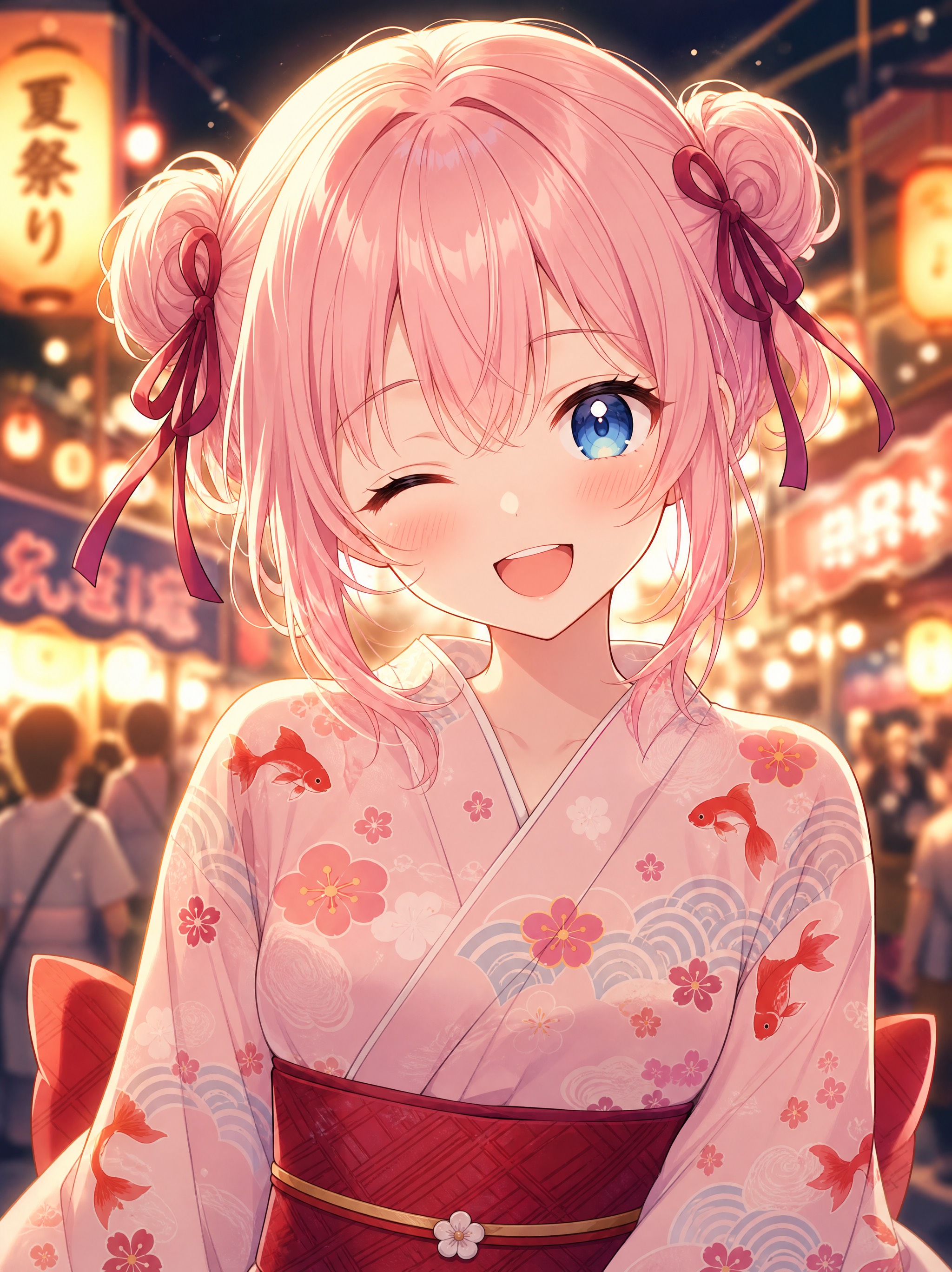 「華やかで可愛らしい日本アニメ風ポートレート。桜色の髪を左右の小さなお団子にまとめ、赤紫の細いリ 的效果示例图