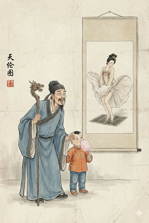 天伦图趣味水墨画 的效果示例图