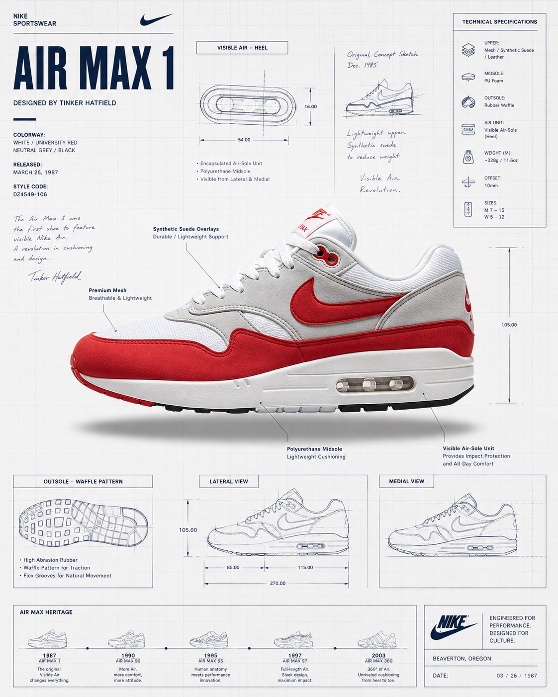 原始的 Nike Air Max 1 运动鞋漂浮在高调的工作室环境中 的效果示例图