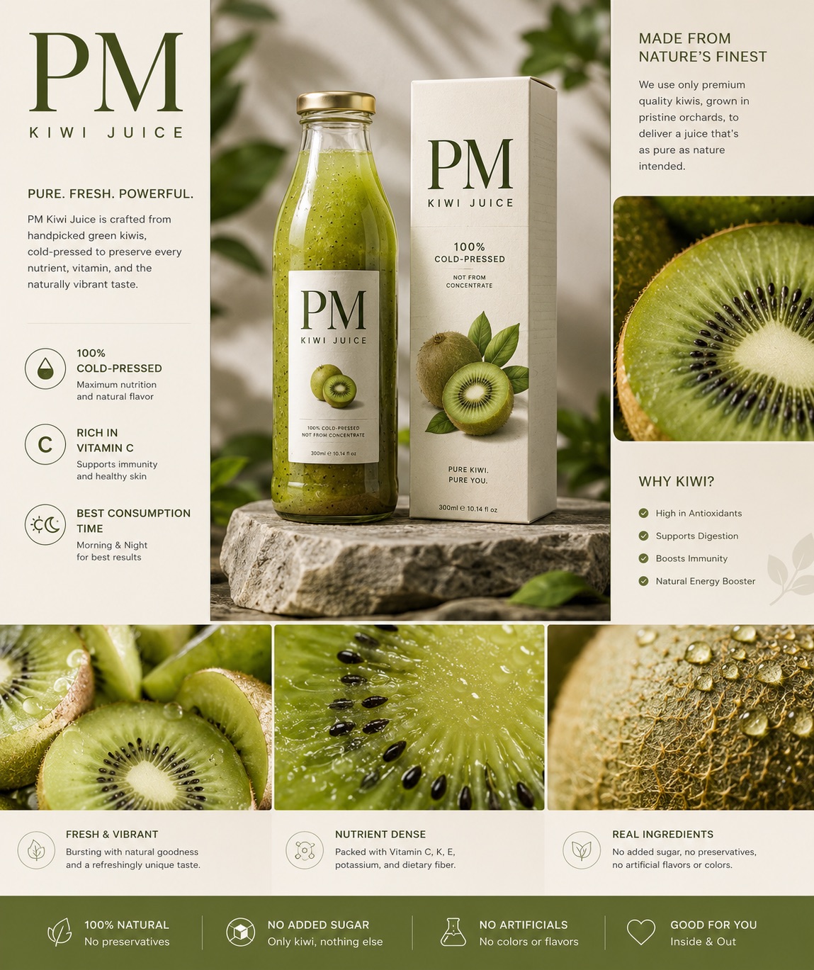 “PM”猕猴桃汁超高端电商产品海报，在上海 的效果示例图