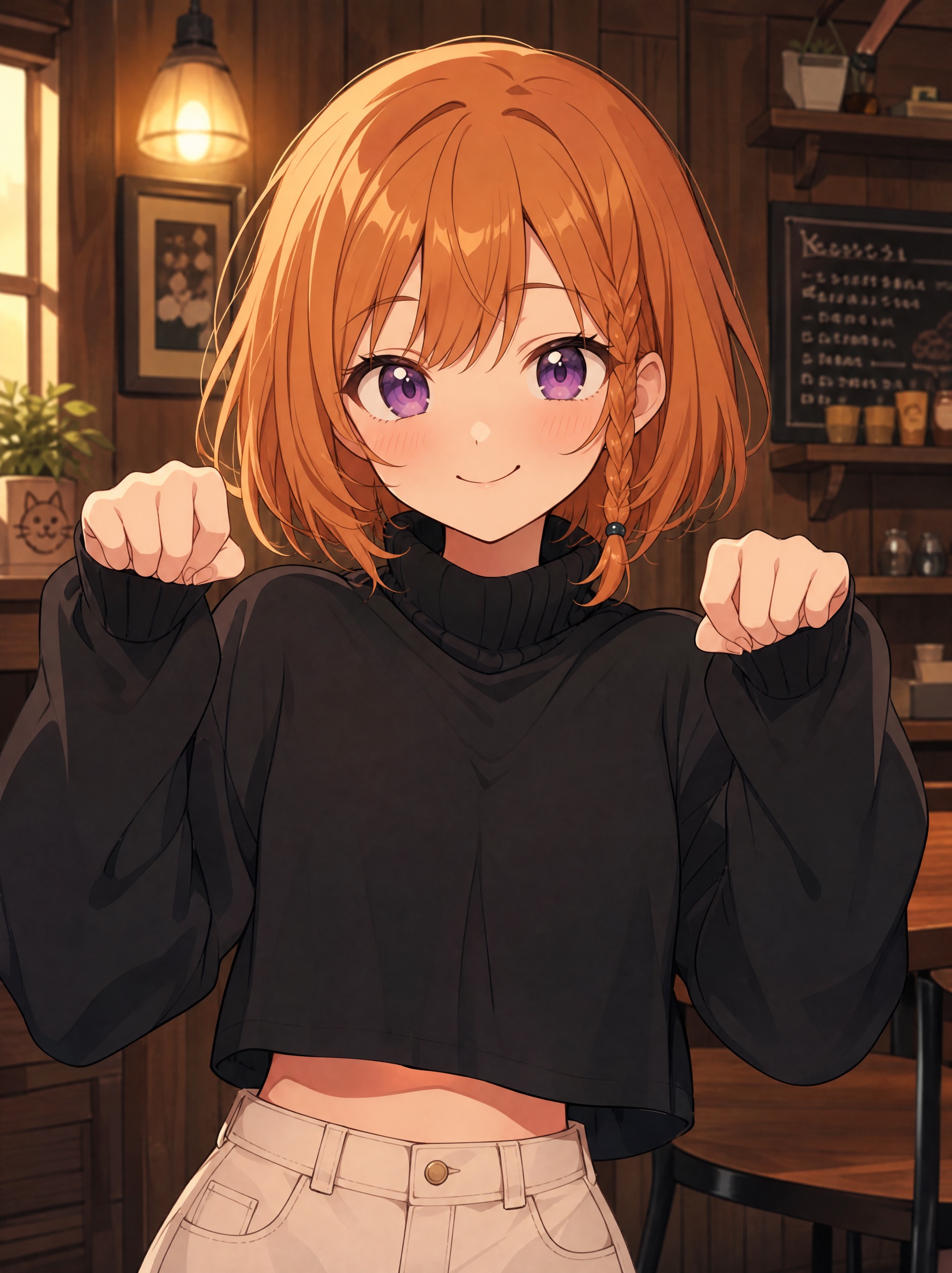 「日常系アニメ風のキャラクターポートレート。明るいキャラメルオレンジのボブヘアで、片側だけ細い三 的效果示例图