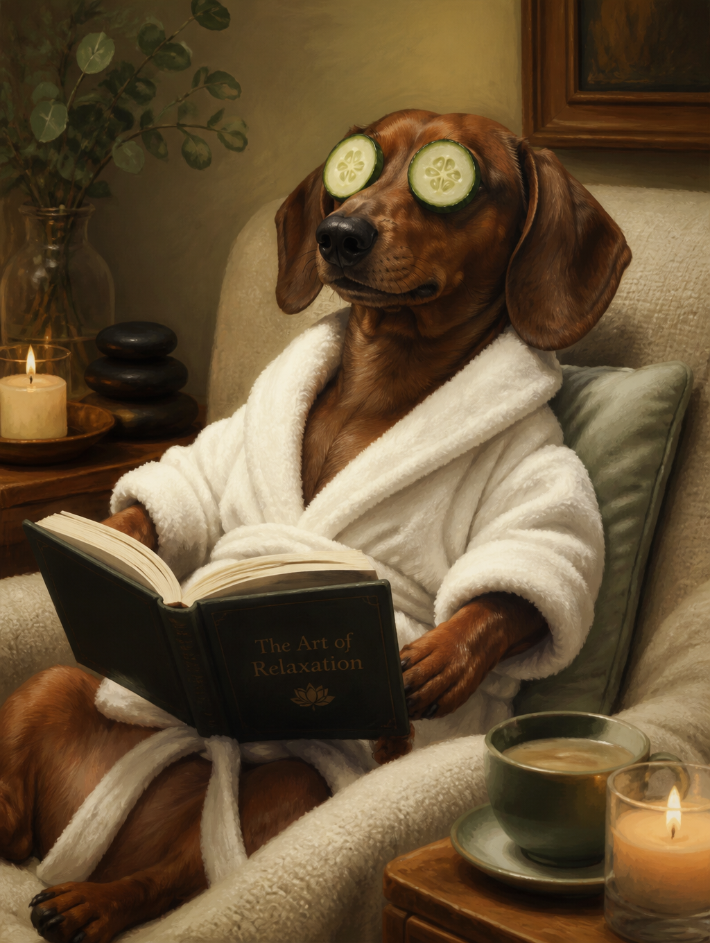 穿着白色浴袍的棕色腊肠犬 的效果示例图