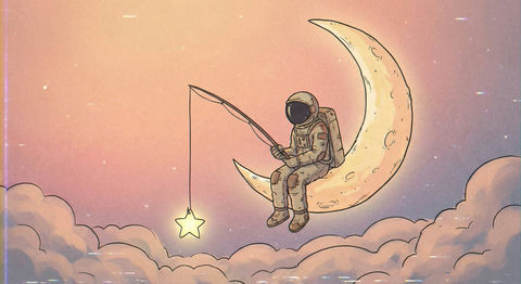 宇航员坐在弯弯的月亮边钓星星 的效果示例图