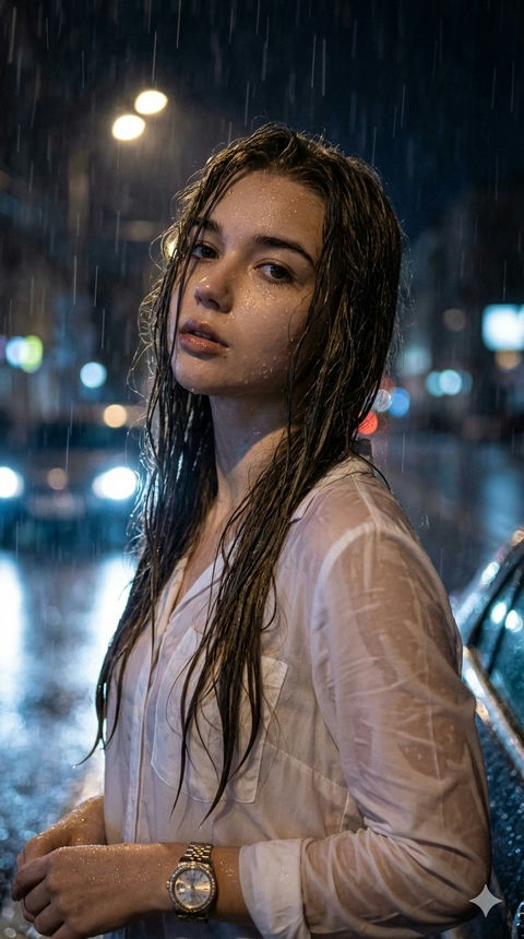 雨夜都市的沉思女性 的效果示例图