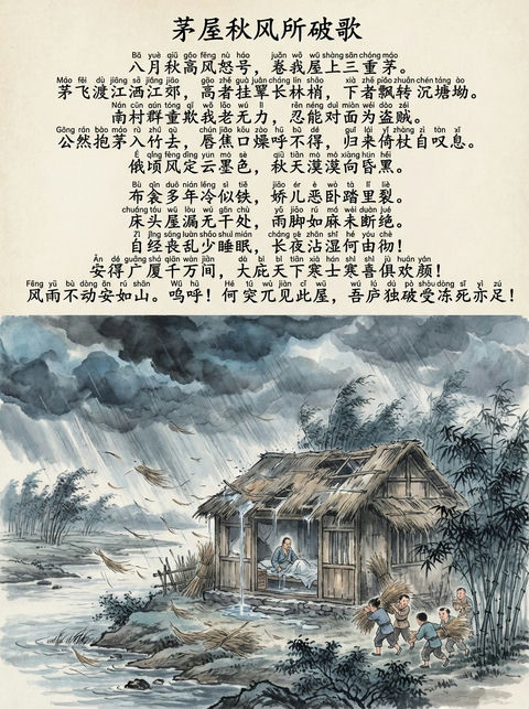 茅屋秋风所破歌中文和拼音图 的效果示例图