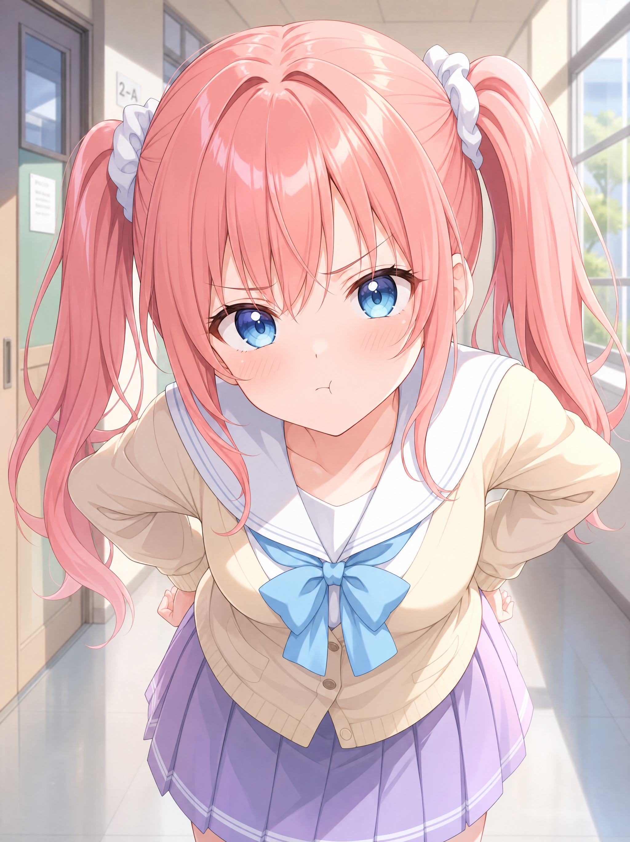 「明るく可愛い学園アニメ風。コーラルピンクのツインテールと鮮やかなブルーの瞳を持つ少女が、学校の 的效果示例图