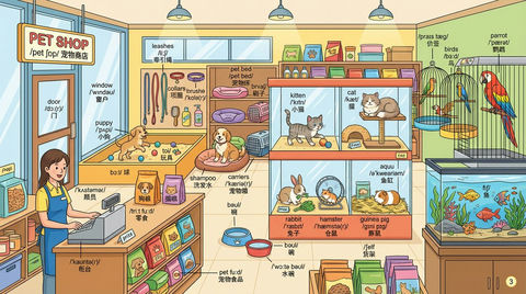 绘制一个详细的宠物商店场景 的效果示例图