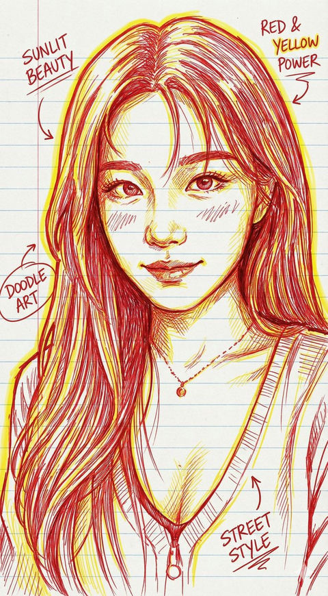 红黄两色手绘肖像画插图 的效果示例图