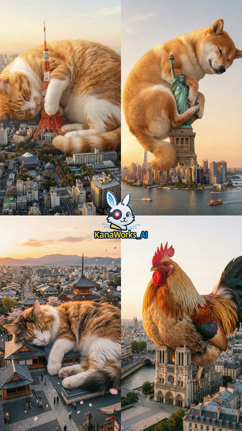 东京塔被一只超级巨大的猫占据 的效果示例图