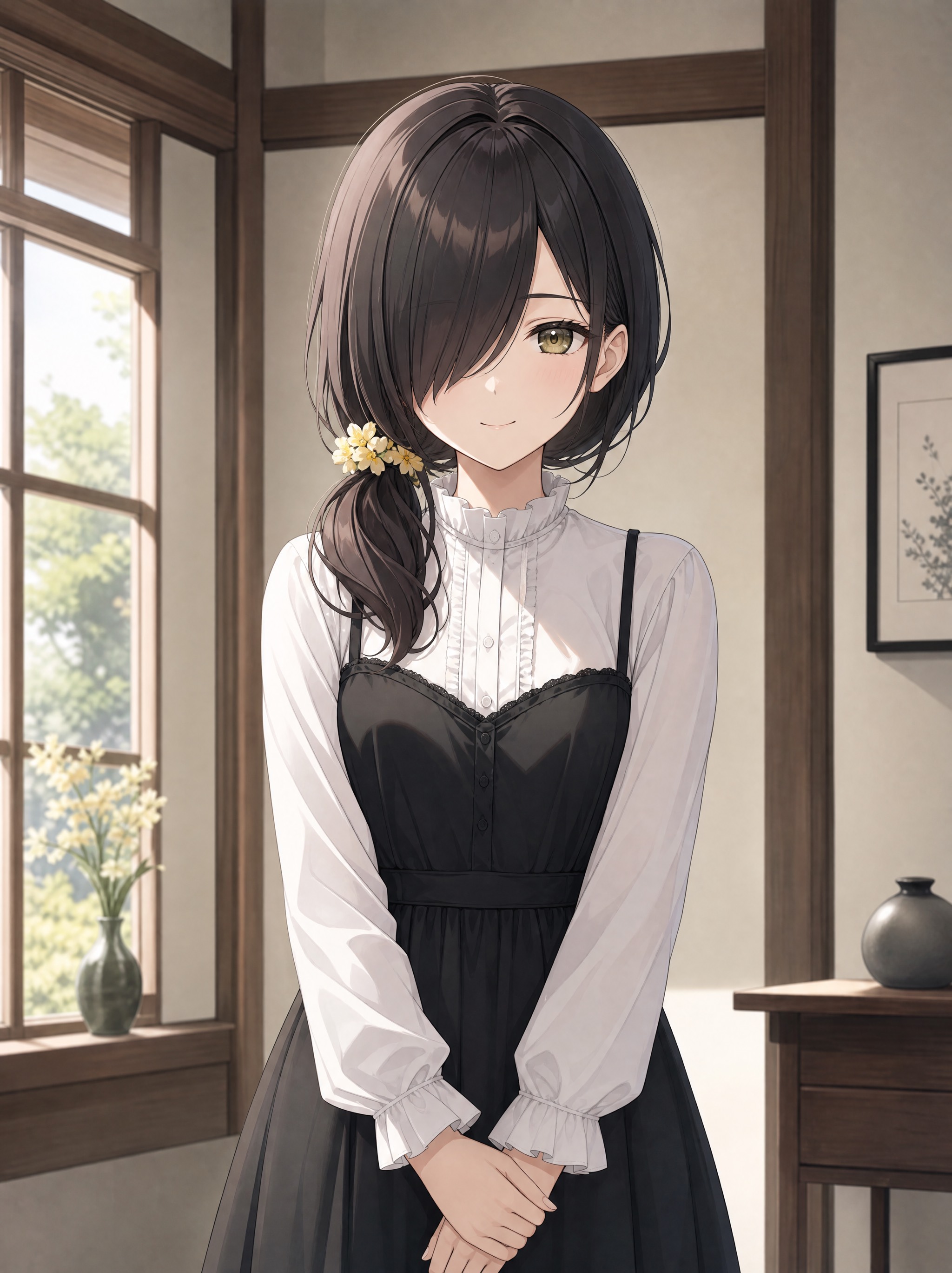 「清楚で上品な日本アニメ風ポートレート。黒に近いダークブラウンのミディアムロングヘアを低い位置で 的效果示例图