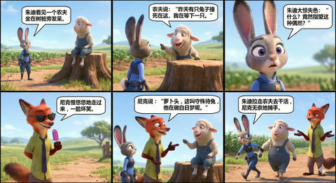 疯狂动物城朱迪和尼克讲小故事-守株待兔 的效果示例图