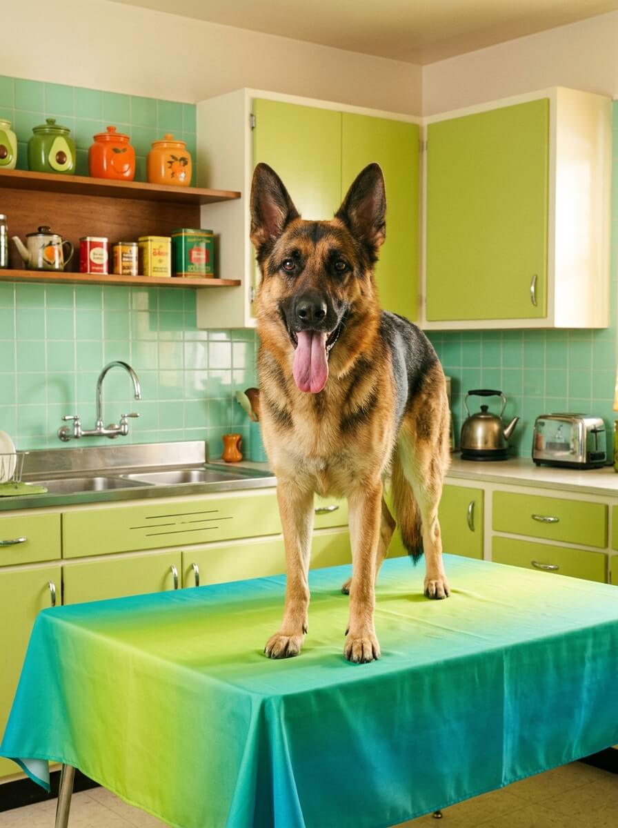 一只德国牧羊犬站在桌子上 的效果示例图
