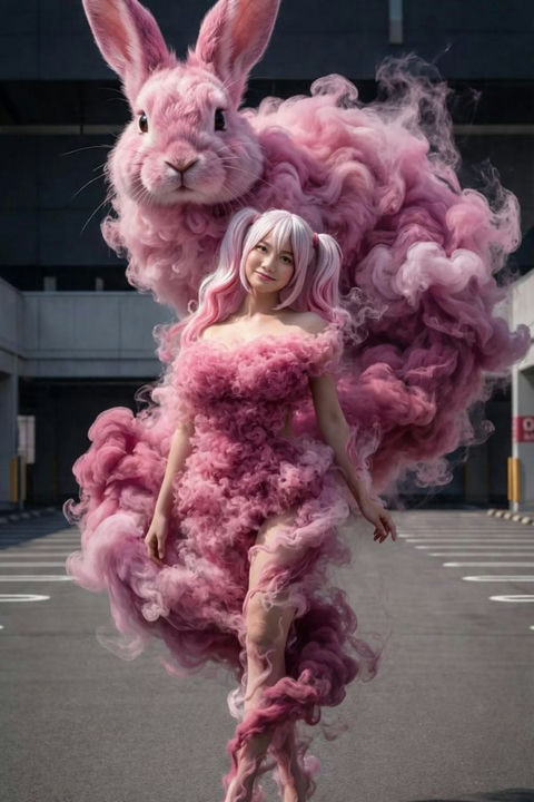 烟雾粉裙少女与巨兔 的效果示例图