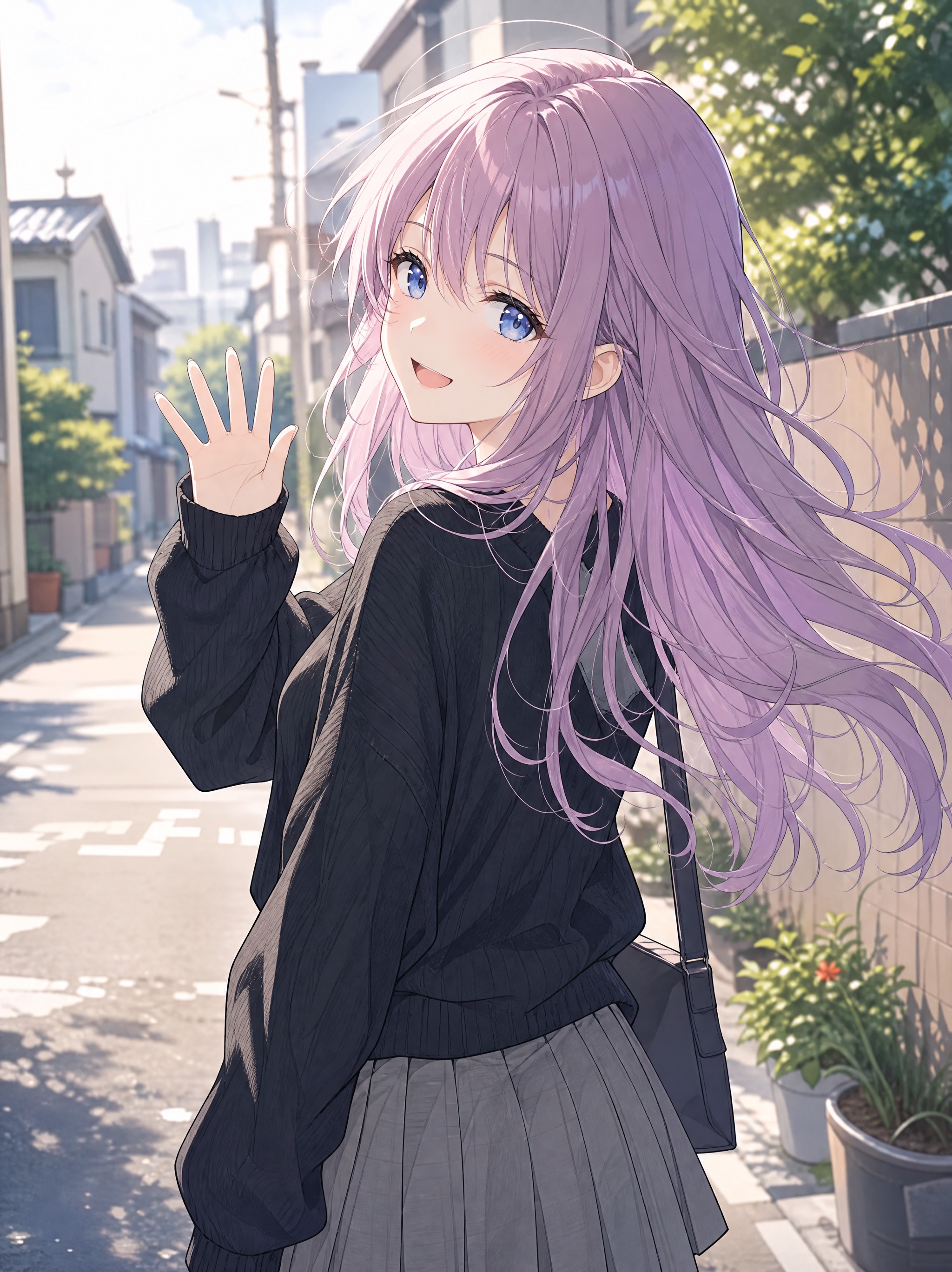 「高品質な日本アニメ風イラスト。淡いラベンダーピンクのロングヘアと透明感のある青い瞳の少女が、明 的效果示例图