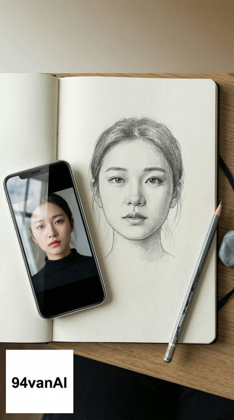 与手机原图同框的铅笔肖像 的效果示例图