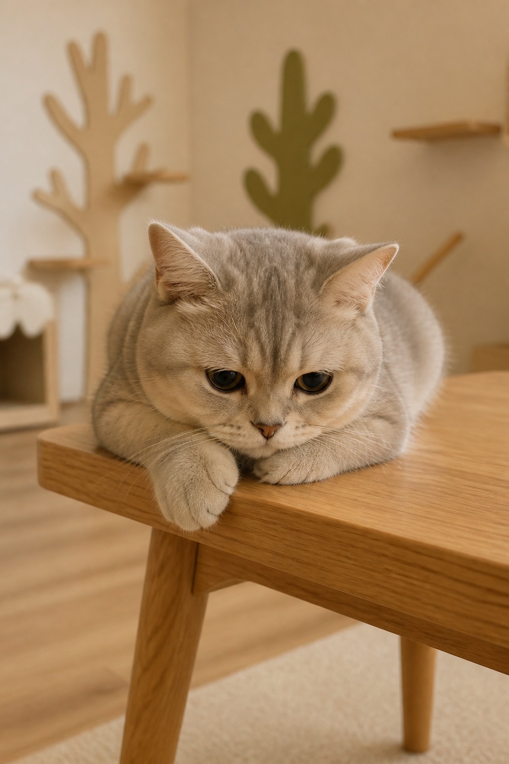 一只毛皮柔软的短毛猫躺在木桌边缘 的效果示例图