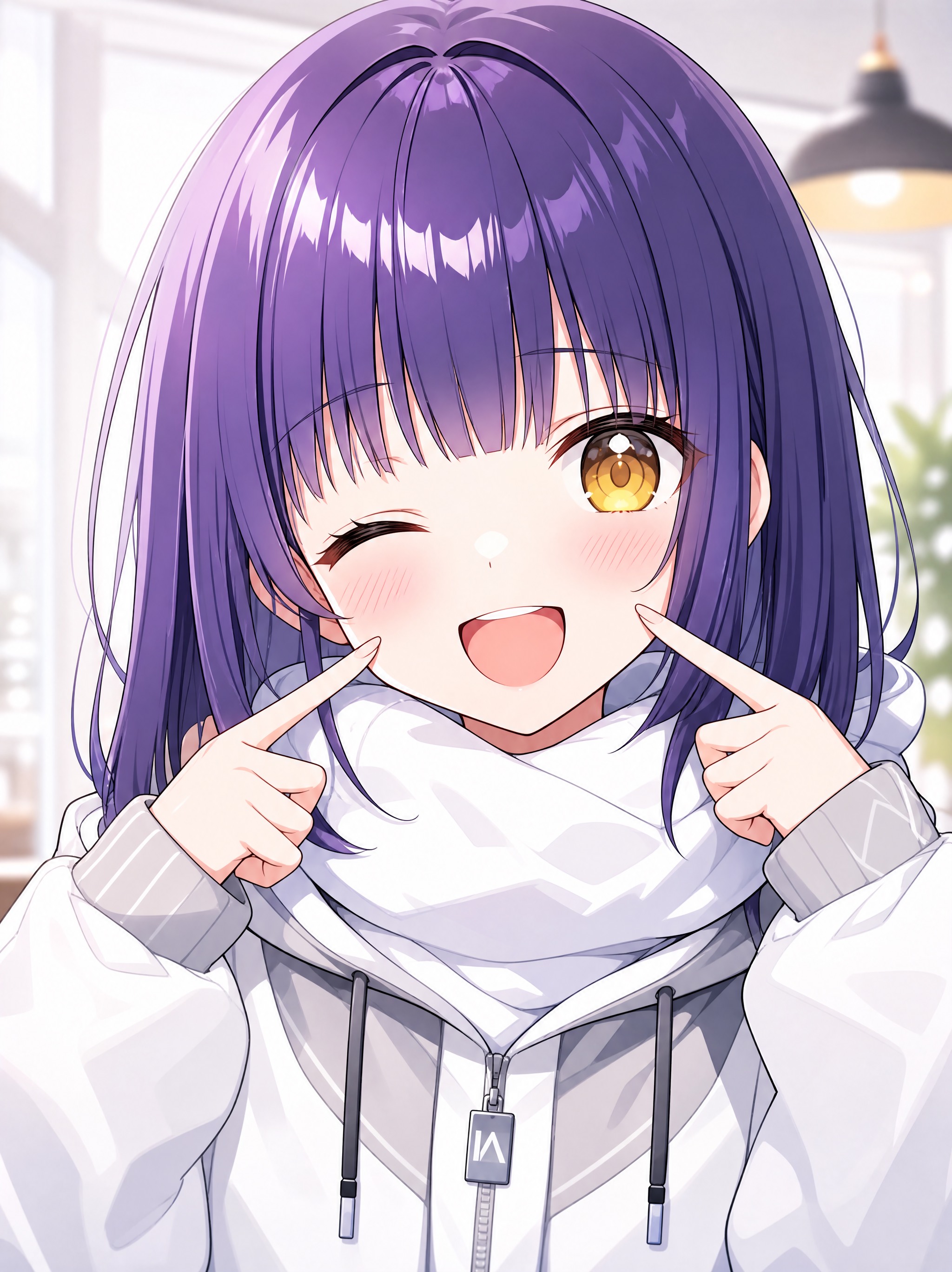 「明るくポップな日本アニメ風キャラクターイラスト。深いバイオレットカラーのストレートミディアムヘ 的效果示例图