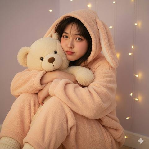 淡桃粉色宽松毛绒睡衣女孩 的效果示例图