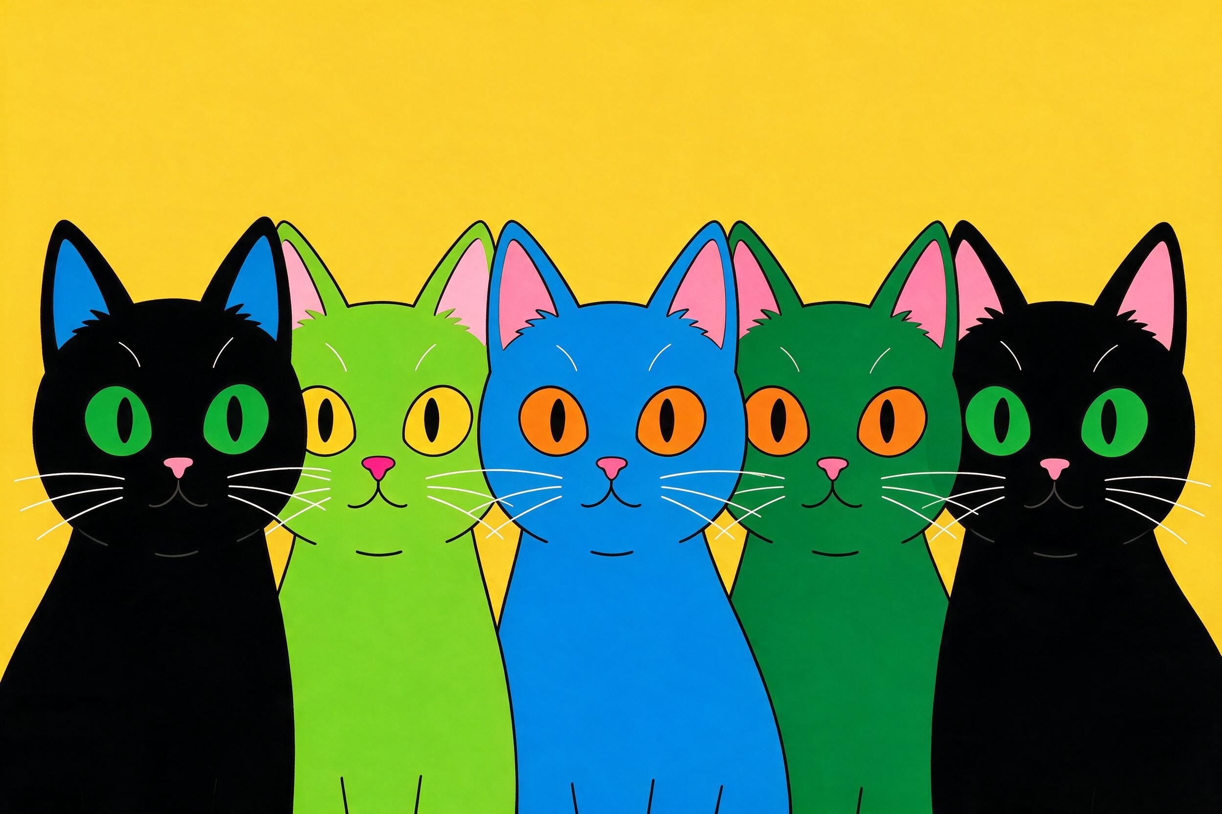 平面设计插图，五只风格化的猫与充满活力的溶胶组成的小组 的效果示例图
