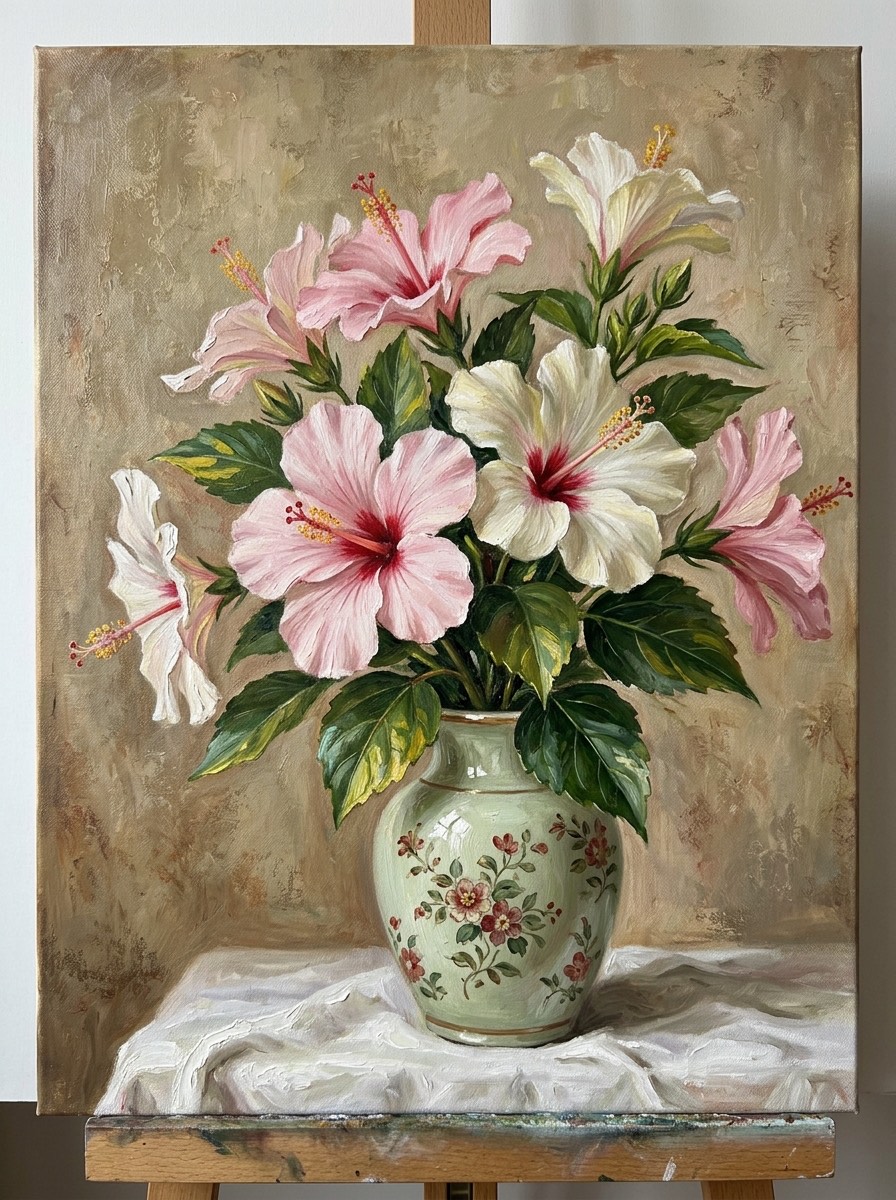 一束芙蓉花的静物画 的效果示例图