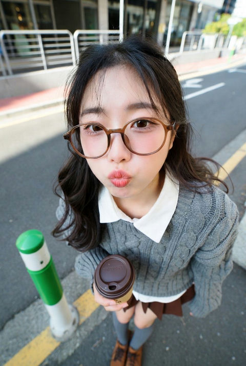 韩系街拍咖啡少女 的效果示例图