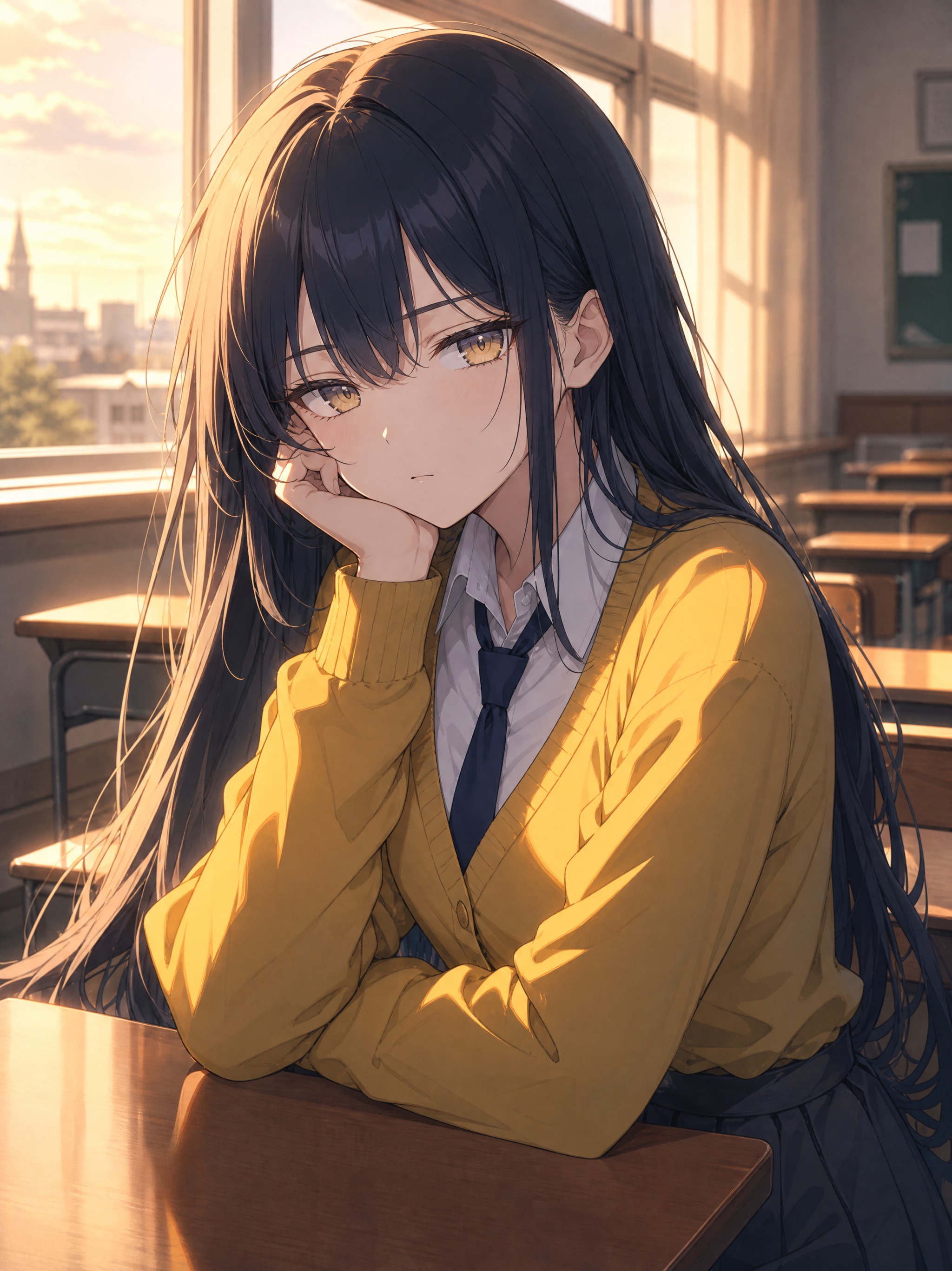 「静かな青春アニメ風ポートレート。濃いネイビーブラックのロングヘアと淡いゴールドの瞳を持つ少女が 的效果示例图