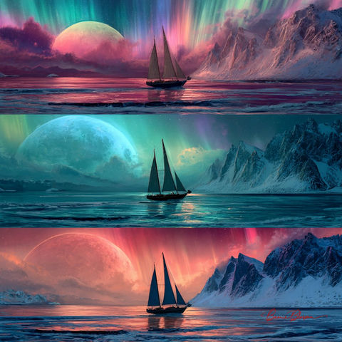 海洋中三艘不同的奇幻帆船 的效果示例图