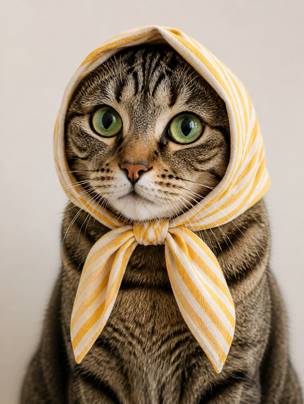 一只虎斑猫，有着引人注目的绿眼睛，穿着 的效果示例图