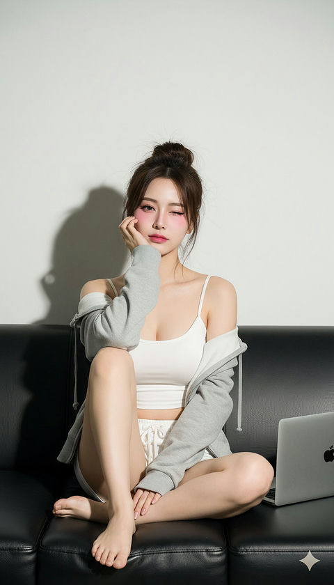 女生坐沙发上 的效果示例图