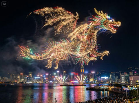 烟花在水滨城市上空勾勒出主题的形状 的效果示例图