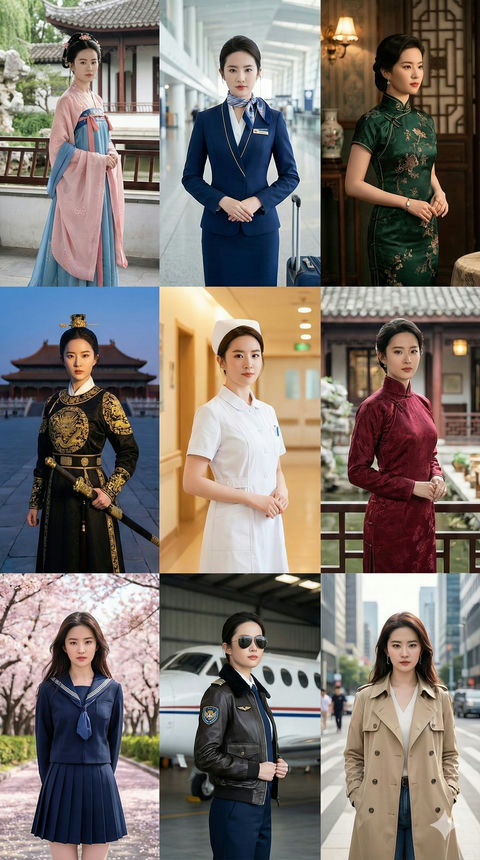 人物的9种服装风格和背景 的效果示例图