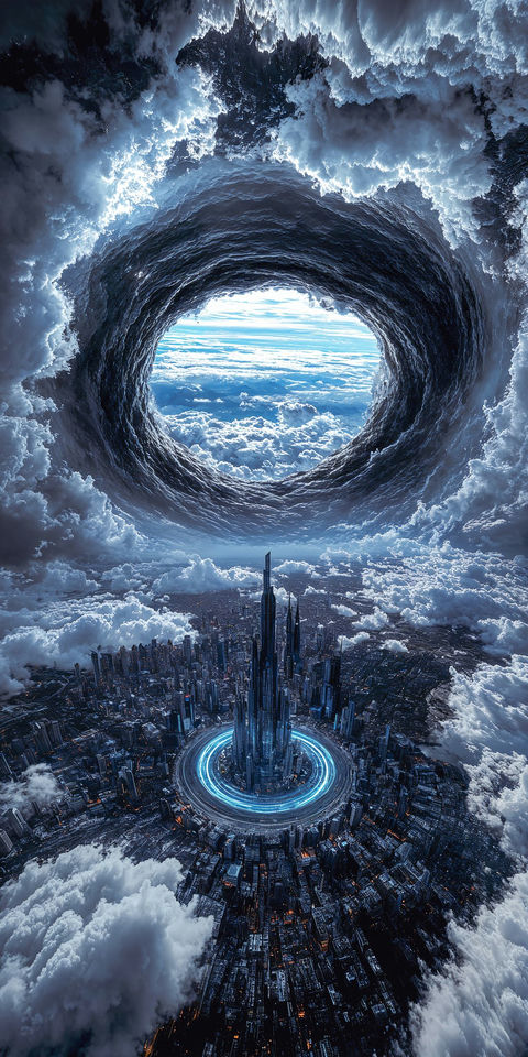 都市上空巨大的涡旋冲破暴风云层 的效果示例图