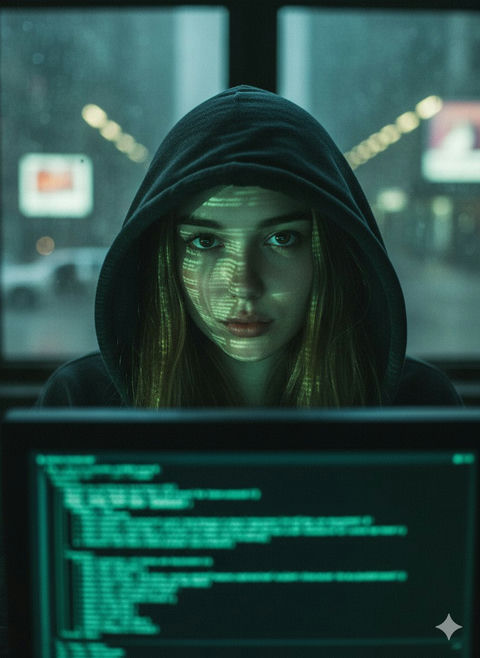 年轻女子身穿深色连帽衫的特写肖像 的效果示例图