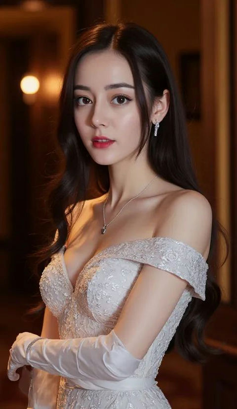 女子身穿白色露肩蕾丝婚纱 的效果示例图